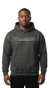Man wearing a gray hoodie with 'VOLCRUSH' branding on a white background