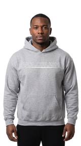 Man wearing a gray hoodie with 'VOLCRUSH' branding on a white background