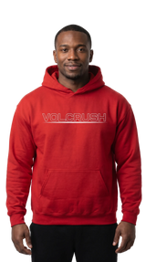 Person wearing a red hoodie with 'VOLCRUSH' branding on a white background