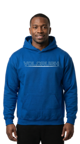 Man wearing a blue hoodie with 'VOLCRUSH' text on a white background