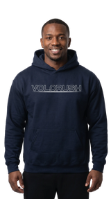 Man wearing a navy hoodie with 'VOLCRUSH' logo on a white background
