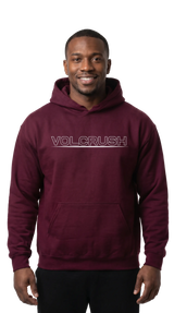 Man wearing a maroon hoodie with 'VOLCRUSH' text on a white background
