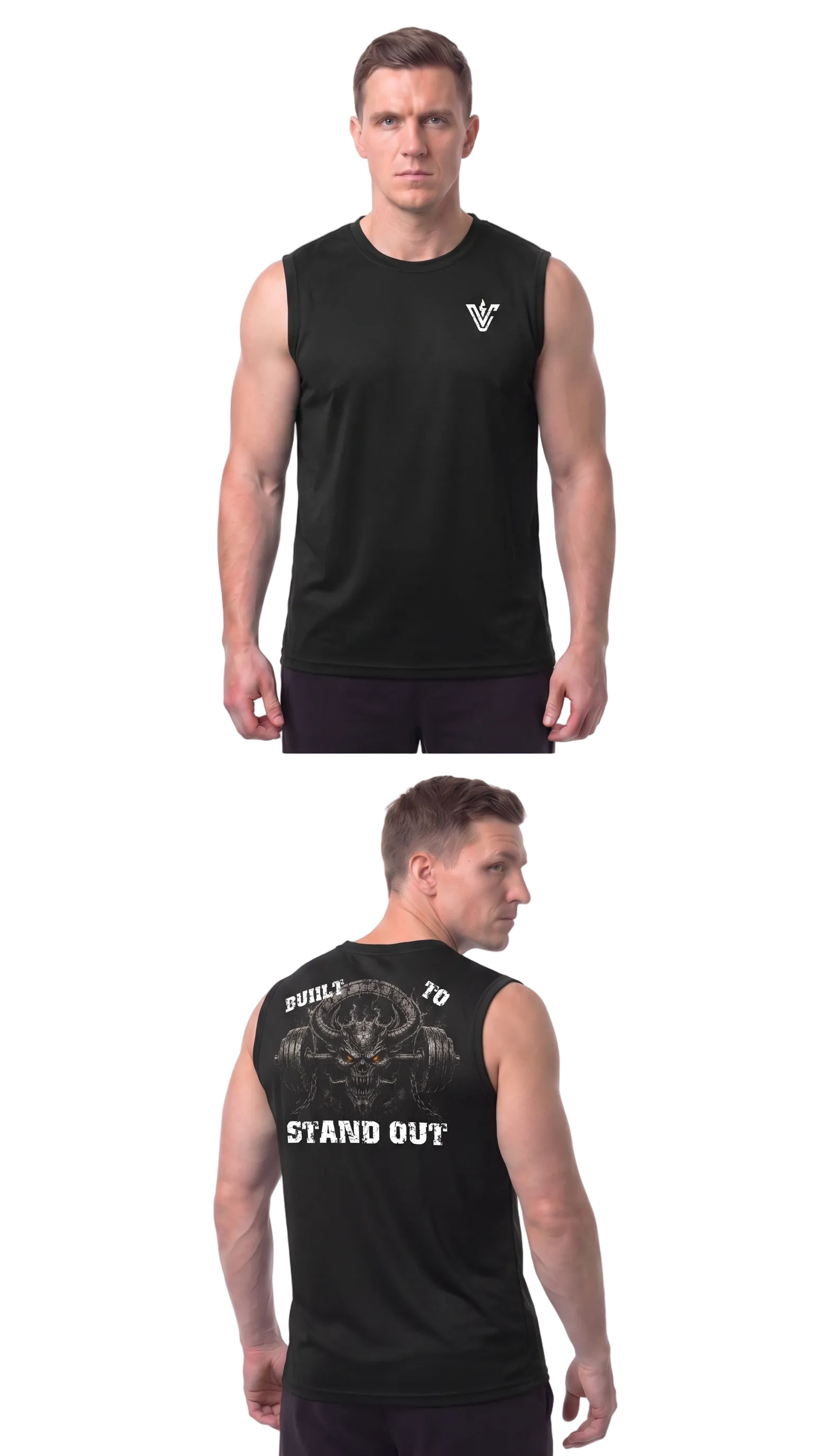 A man modeling a sleeveless black athletic tank top, shown from the front and back against a plain white studio background. The front has a small white chest logo, and the back features a large graphic with the words 'BUILT TO STAND OUT'.