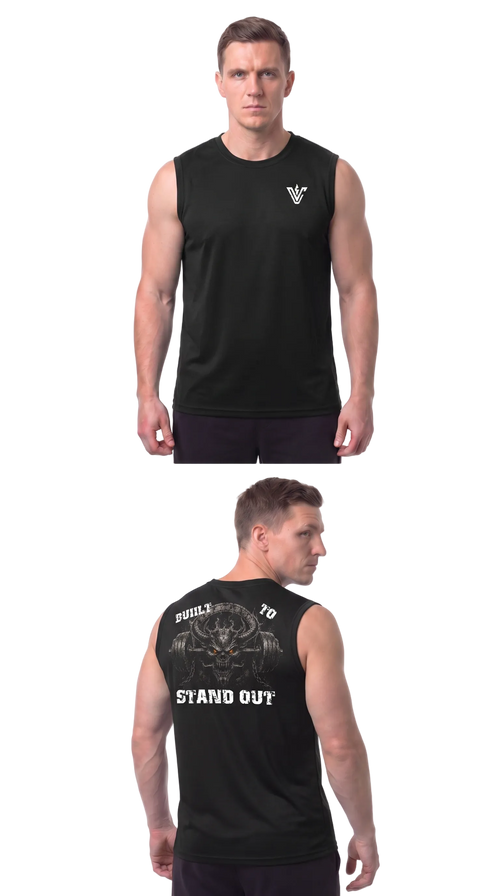 A man modeling a sleeveless black athletic tank top, shown from the front and back against a plain white studio background. The front has a small white chest logo, and the back features a large graphic with the words 'BUILT TO STAND OUT'.