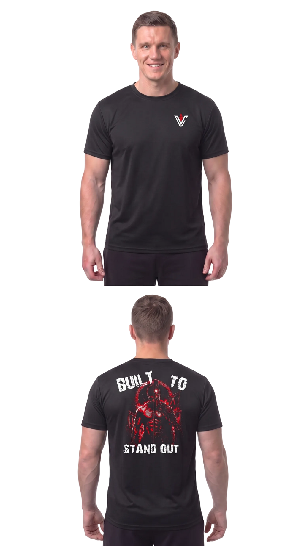 A man modeling a black short-sleeve athletic T-shirt shown from both front and back against a plain white studio background. The front has a small white and red V-shaped logo on the left chest.
