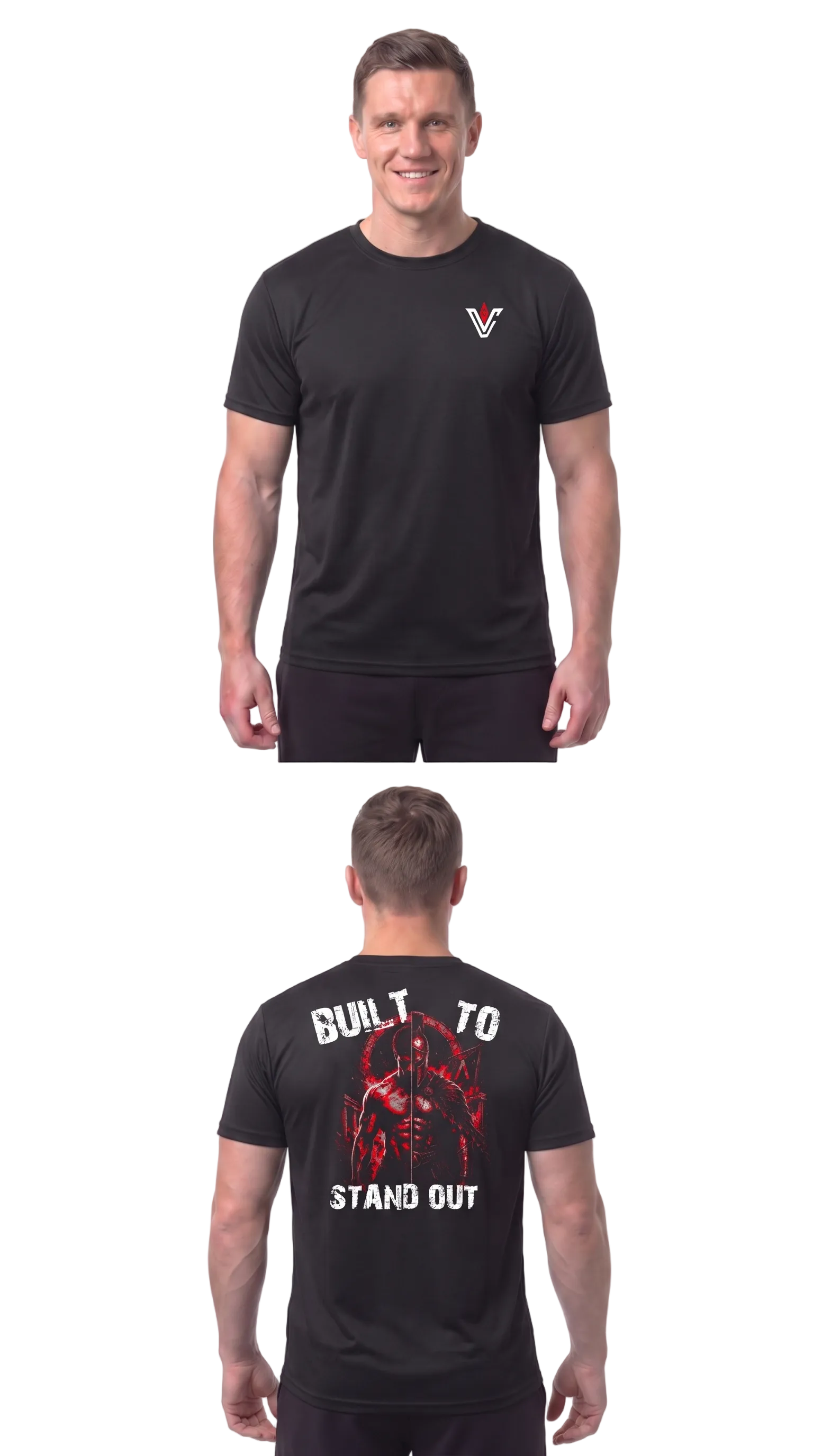 A man modeling a black short-sleeve athletic T-shirt shown from both front and back against a plain white studio background. The front has a small white and red V-shaped logo on the left chest.
