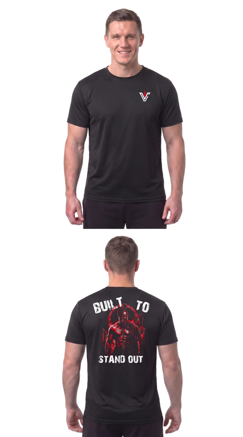 A man modeling a black short-sleeve athletic T-shirt shown from both front and back against a plain white studio background. The front has a small white and red V-shaped logo on the left chest.
